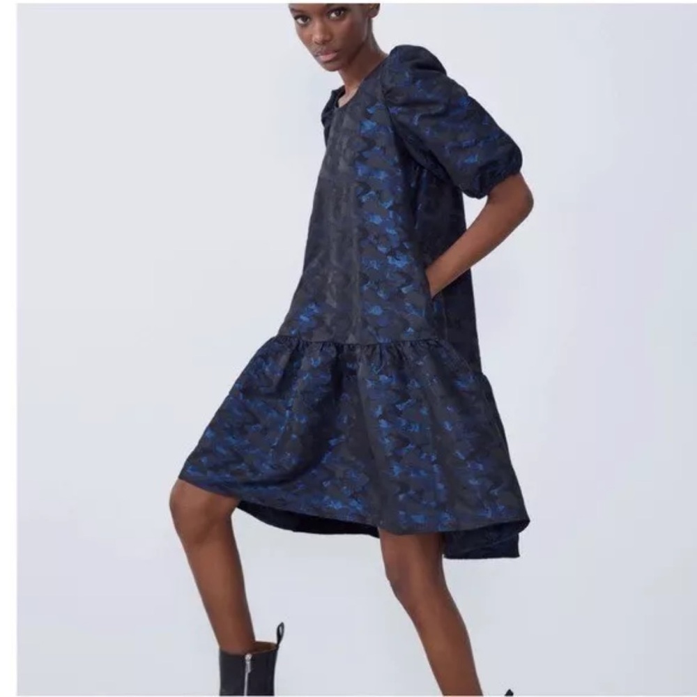 ZARA XS Voluminous Jacquard Metallic Blue Black Camo Swing Dress - Picture 2 of 11